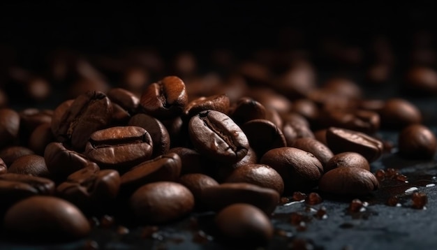 Roasted coffee beans closeup on dark defocussed and blurred background Generative AI