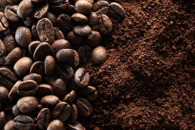 Roasted coffee beans different sort ground and whole close up background