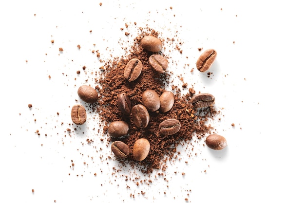 Roasted coffee beans different sort ground and whole isolated close up on white background