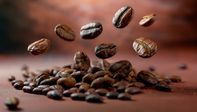 Roasted coffee beans falling on heap against brown