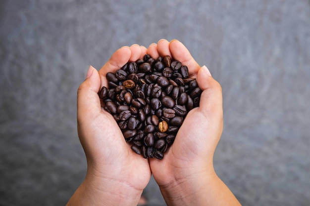 Roasted coffee beans in hand