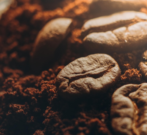 Roasted coffee beans lie in ground coffee