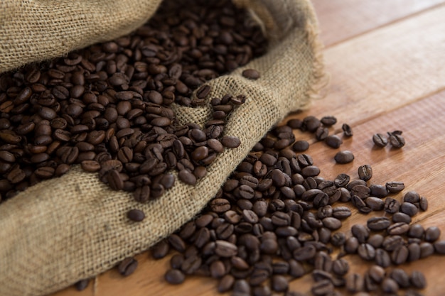 Roasted coffee beans in sack bag