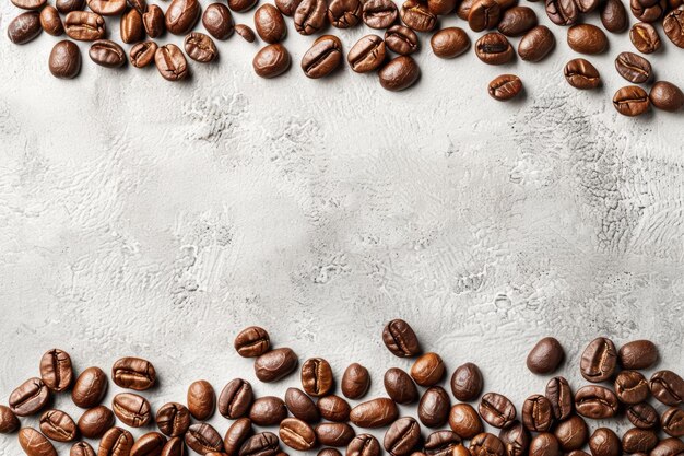 Roasted coffee beans scattered on a textured white surface