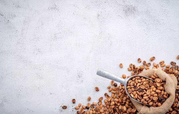 Roasted coffee beans with scoops setup on white concrete.