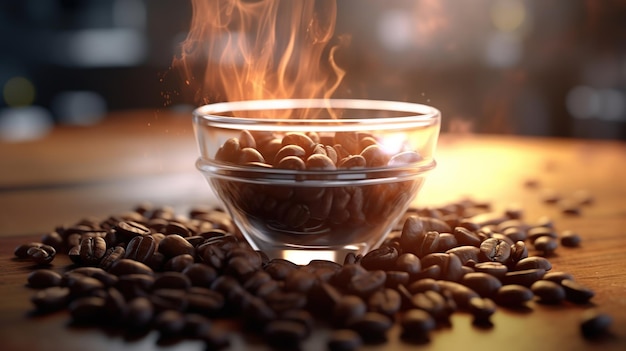 Roasted coffee beans with smoke background Generative AI