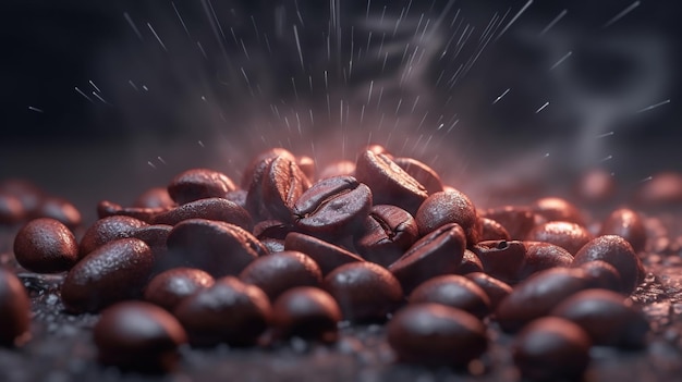 Roasted coffee beans with smoke background Generative AI