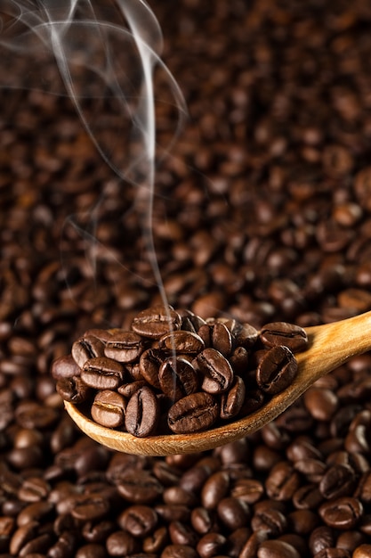 Roasted coffee beans in a wooden spoon, closeup