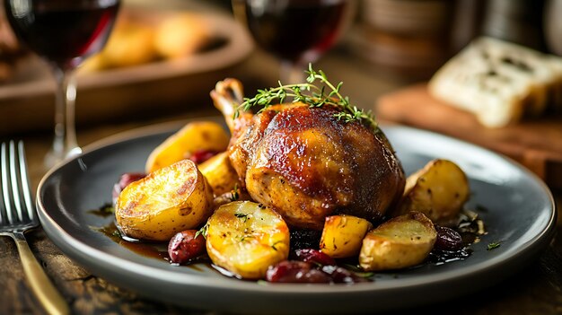 Photo roasted duck leg with potatoes and cranberries on a plate with a glass of red wine in the background