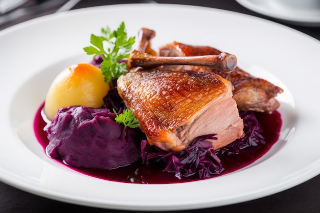 Roasted duck red cabbage Appetizing and juicy meat dish with vegetables Generate AI