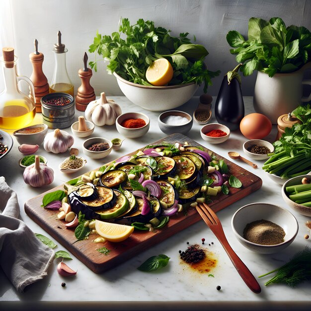 Roasted Eggplant Salad Preparation on Marble Counter