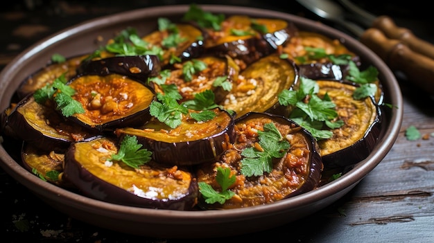 Roasted Eggplant Slices Topped with Fresh Herbs in a Ceramic Dish