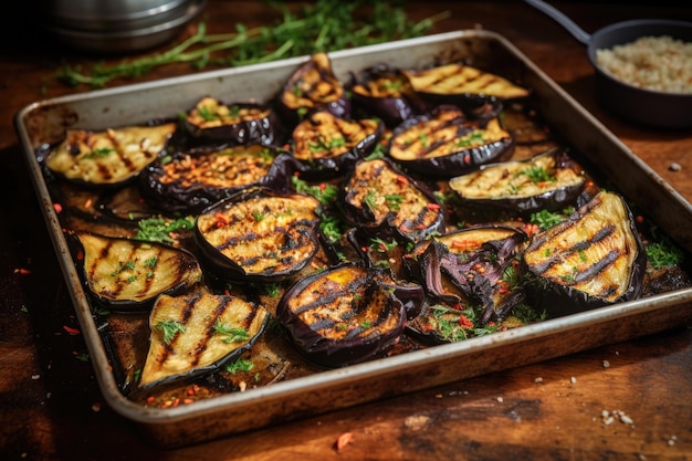 Roasted eggplants with charred skin on tray