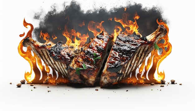 Roasted fiery ribs on a white background Generative AI