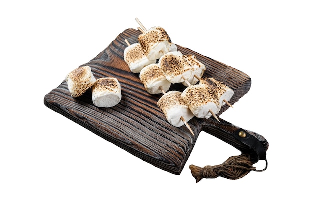 Roasted Marshmallow on the sticks with Cup of coffee on wooden board Isolated white background