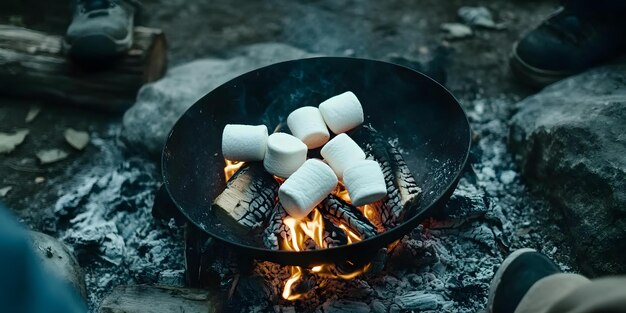 Photo roasted marshmallows over campfire