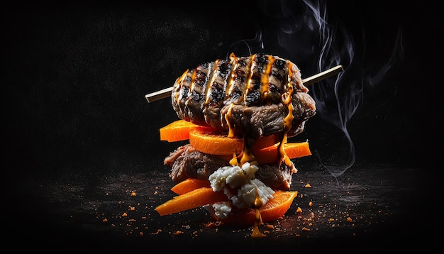 Roasted meat with vegetables on skewers Generative AI