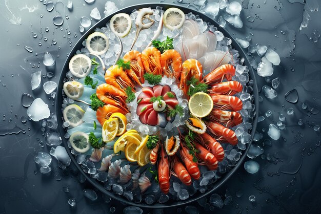 Photo roasted mixed seafood contain mussels prawns salmon seafood and meat platter by generative ai