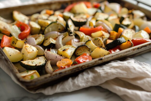 Photo roasted mixed vegetables on a baking tray