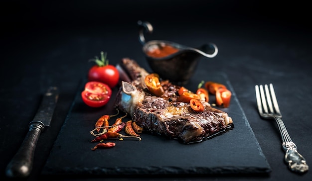 Roasted piece of beef on bone with cutlery on vintage background