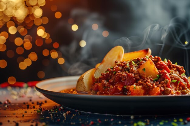 Photo roasted potatoes paired with chili con carne