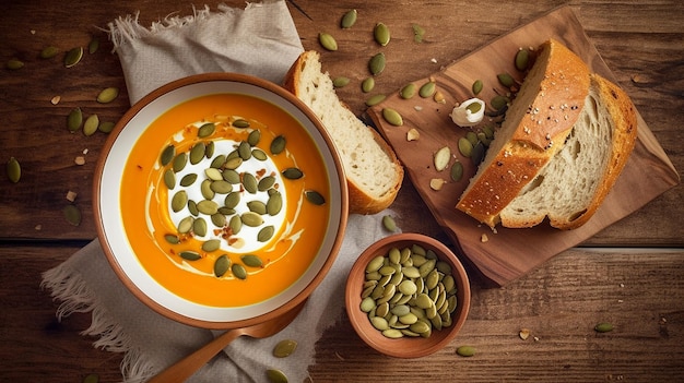 Roasted pumpkin and carrot soup with cream and pumpkin