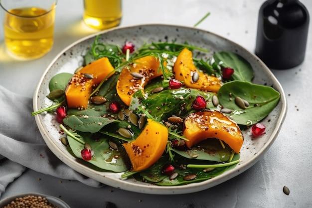 Roasted pumpkin salad with cheese and herbs in plate Ai generative