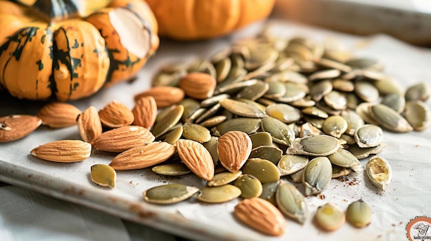 Roasted pumpkin seeds and almonds on parchment paper Generative Ai