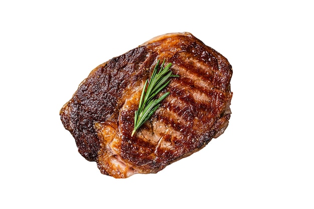 Roasted rib eye steak ribeye beef meat in a grill pan Isolated on white background