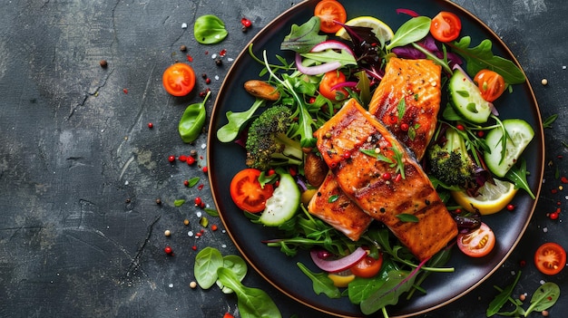 Photo roasted salmon garnished with fresh salad ketogenic lunch keto diet top view banner