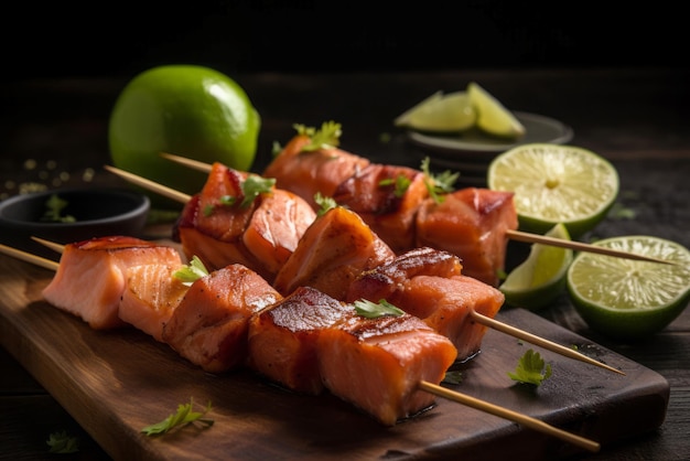 Roasted salmon skewers on wooden board Cooked seafood grill sticks Generate Ai