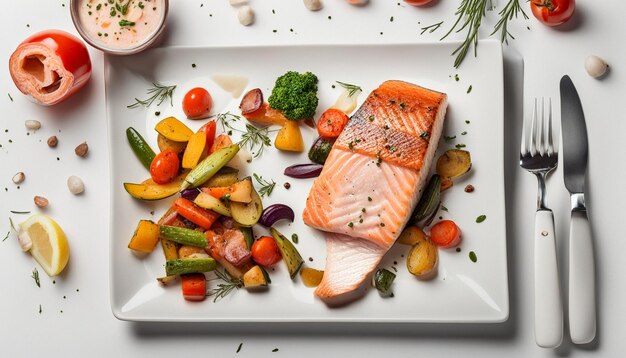 Photo roasted salmon steak and vegetables isolated on white background top view