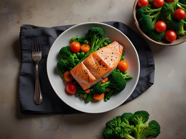 Roasted Salmon steak with asparagus broccoli carrot