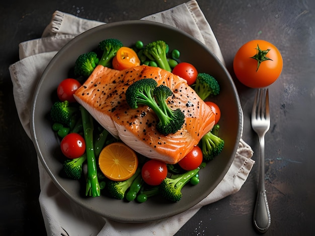 Roasted Salmon steak with asparagus broccoli carrot