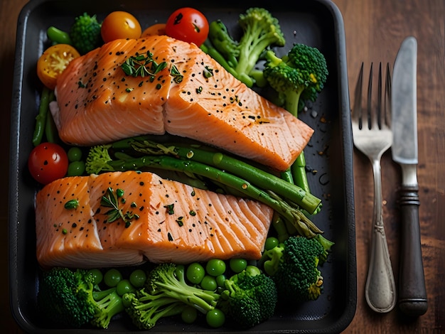 Roasted Salmon steak with asparagus broccoli carrot