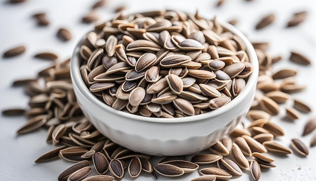 Roasted salt sunflower seeds on white table