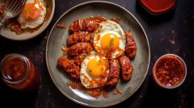 Roasted sausage with egg and red sauce Generative AI