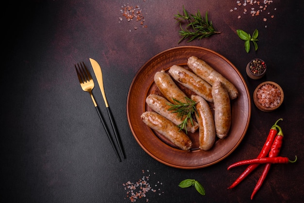 Roasted sausages grill with spices and herbs with salt and pepper