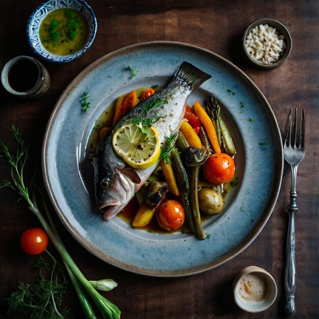 Photo roasted sea bass with potatoes herbs and tomatoes