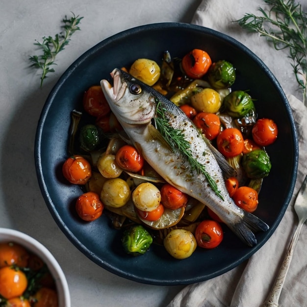 Photo roasted sea bass with potatoes herbs and tomatoes