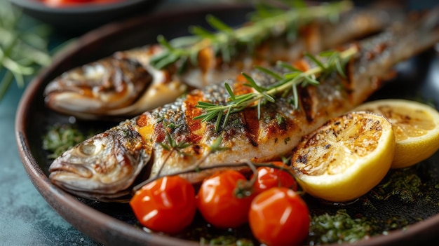 roasted sea fish on plate with tomatoes lemon and rosemary