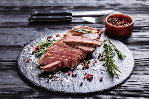 Roasted strip loin steak top view