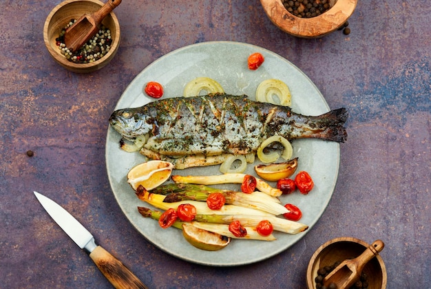 Roasted trout with baked asparagus