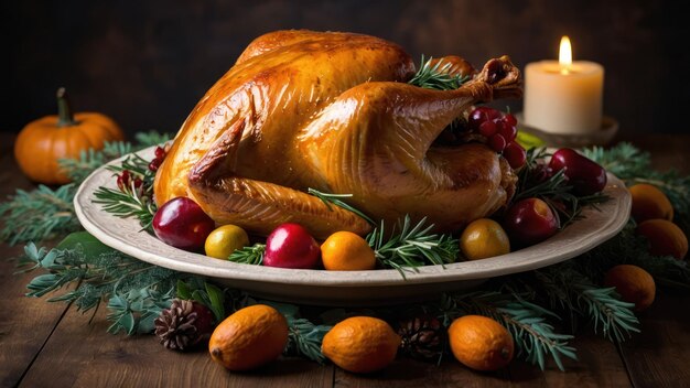 Roasted turkey centerpiece with all the traditional Thanksgiving sides and decor