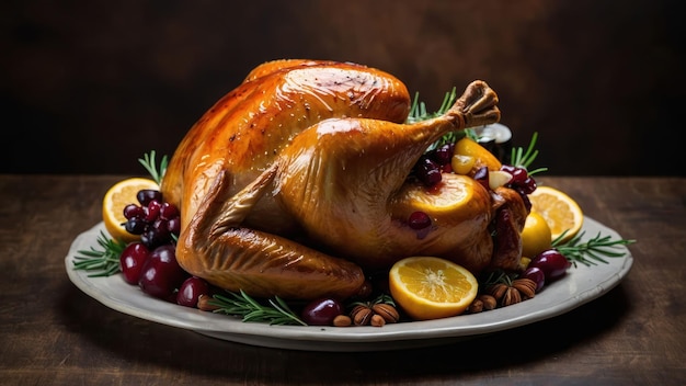 Roasted turkey centerpiece with all the traditional Thanksgiving sides and decor