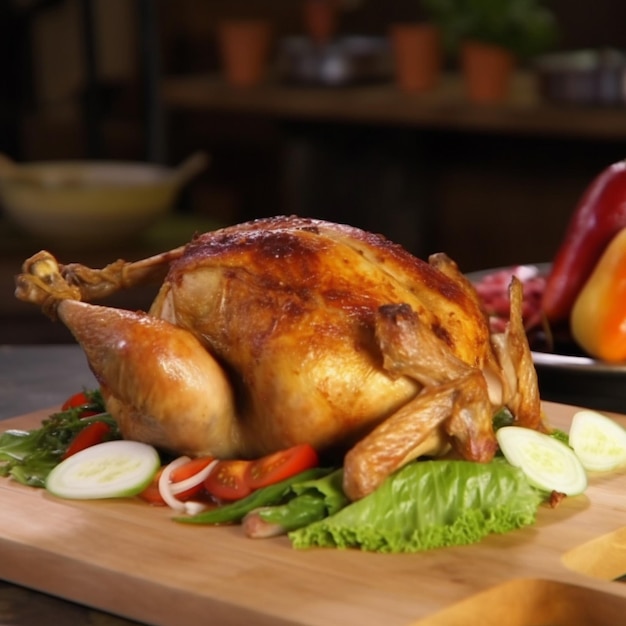 A roasted turkey on a cutting board with vegetables and a bowl of vegetables.