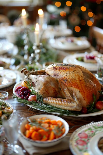 Photo roasted turkey festive table setting with side dishes thanksgiving or christmas dinner