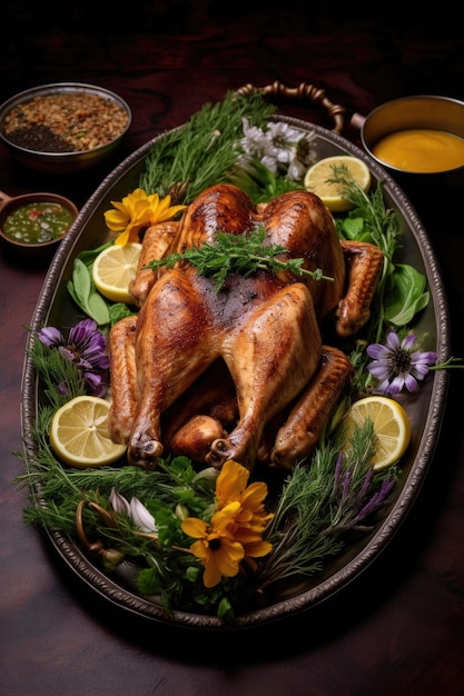 Roasted turkey garnished with herbs on a platter created with generative ai