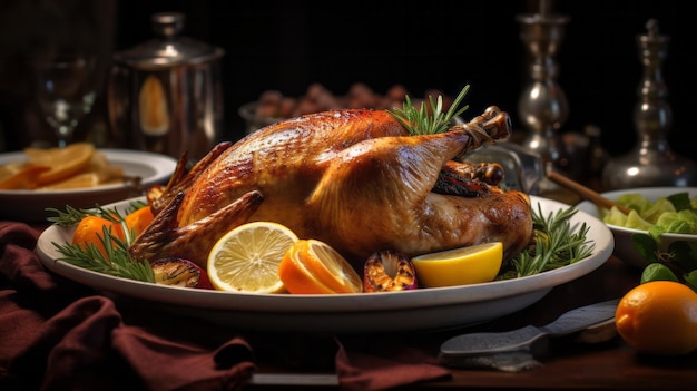 A roasted turkey on a platter with lemons oranges and other