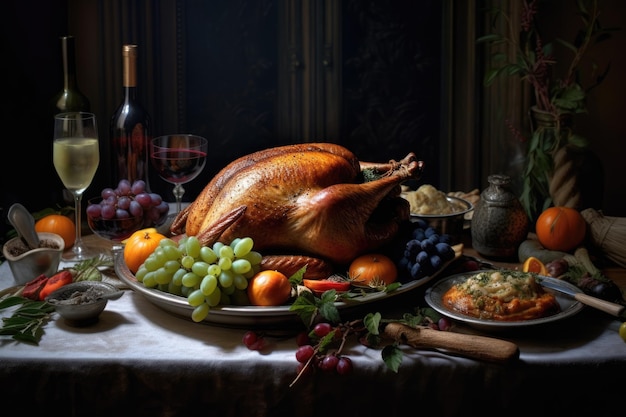 Roasted turkey on rustic table decorated with pumpkins baked vegetables pie flowers and candles AI generated